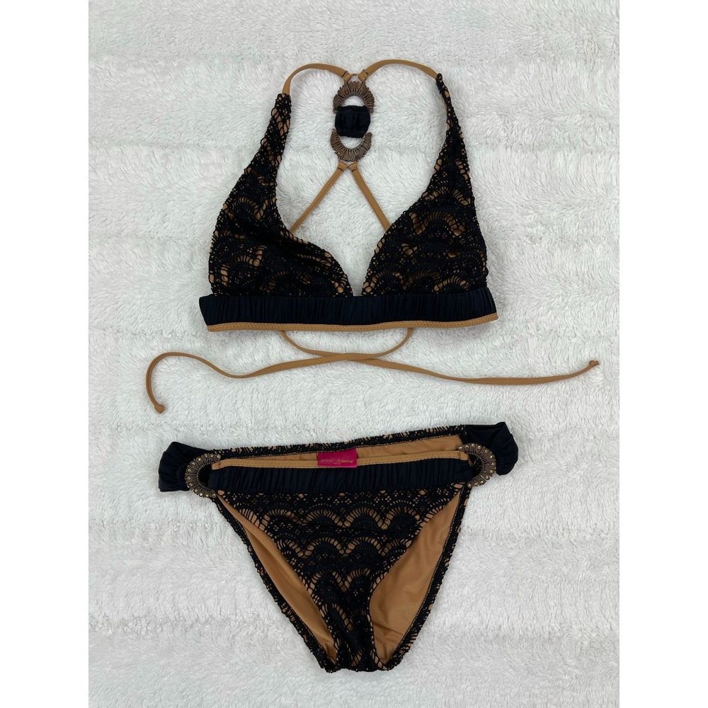 Betsey Johnson Bikini Swimsuit Medium Nude Black Lace like crochet